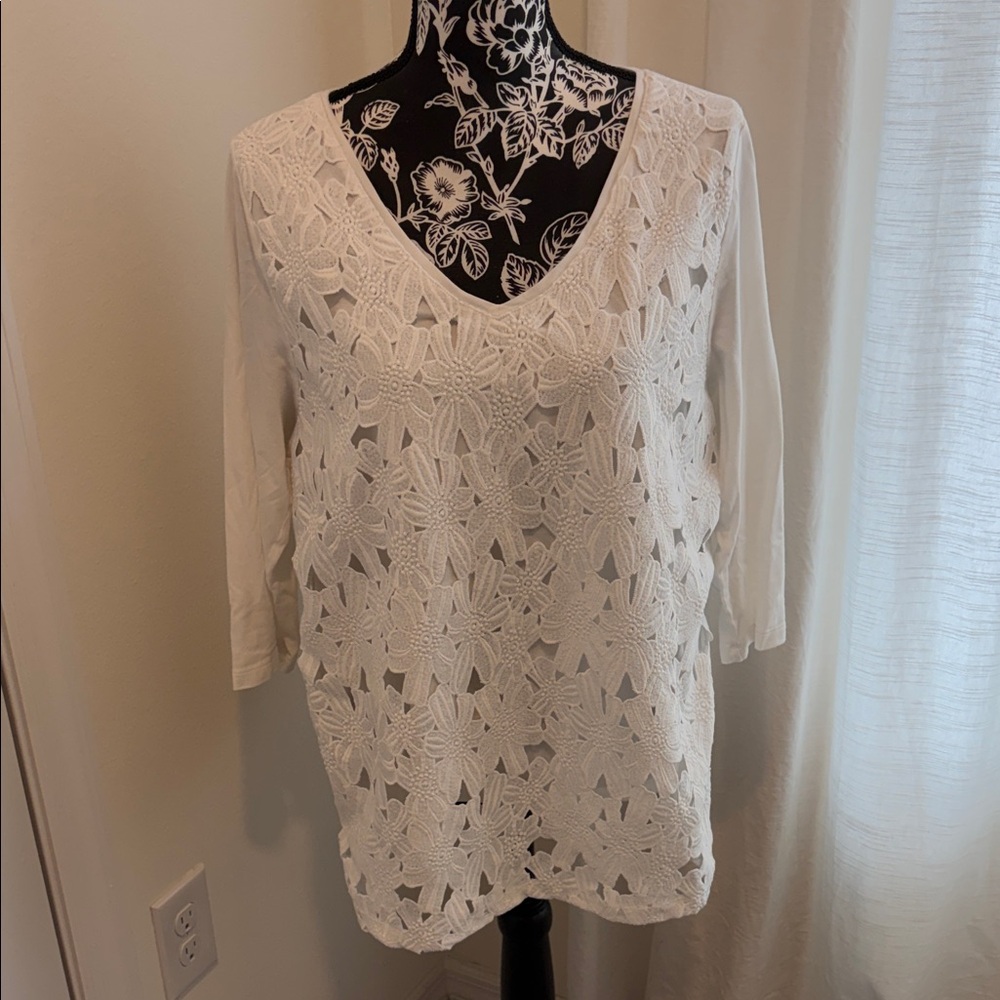 J. Jill Cream Floral Crochet Blouse